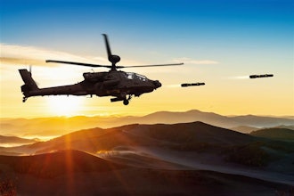 Apache attack helicopter launching missiles.