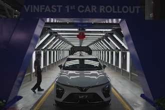 A Vinfast VF 7 electric vehicle model is seen at the plant in Thoothukudi, in the southern Indian state of Tamil Nadu, Monday, Aug. 4, 2025.