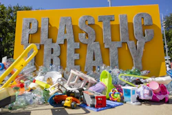 Plastic items are seen on Place des Nations in front of the European headquarters of the United Nations in Geneva, Switzerland, Monday, Aug. 4, 2025 before the second segment of the fifth session of the Intergovernmental Negotiating Committee on Plastic Pollution (INC-5.2).