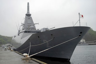 Japan’s Maritime Self-Defense Force, JS Kumano, a Mogami-class frigate is seen in Yokosuka, south of Tokyo, on April 23, 2025.