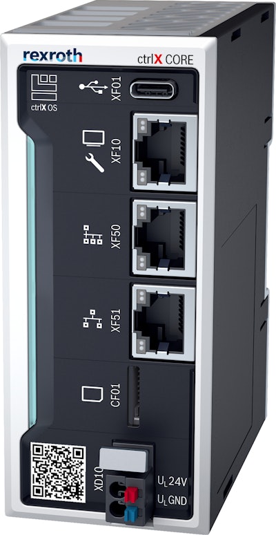 AI integration relies on strategic communication between IT and OT components, like Bosch Rexroth’s ctrlX CORE shown above, which helps streamline controls and manage data that’s critical to machine learning applications.