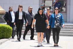 Gloria Cazares, right, holds hands with Veronica Mata during a break in a court hearing in a lawsuit between victims' families in the 2022 Uvalde, Texas school shooting and Meta Platforms on Friday, July 18, 2025, in Los Angeles.