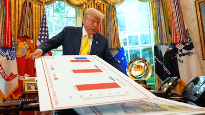 President Donald Trump holds charts in the Oval Office, Aug. 7, 2025.