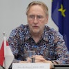 Chairman of European Parliament's Committee on International Trade Bernd Lange attends a news conference in Jakarta, April 16, 2025.