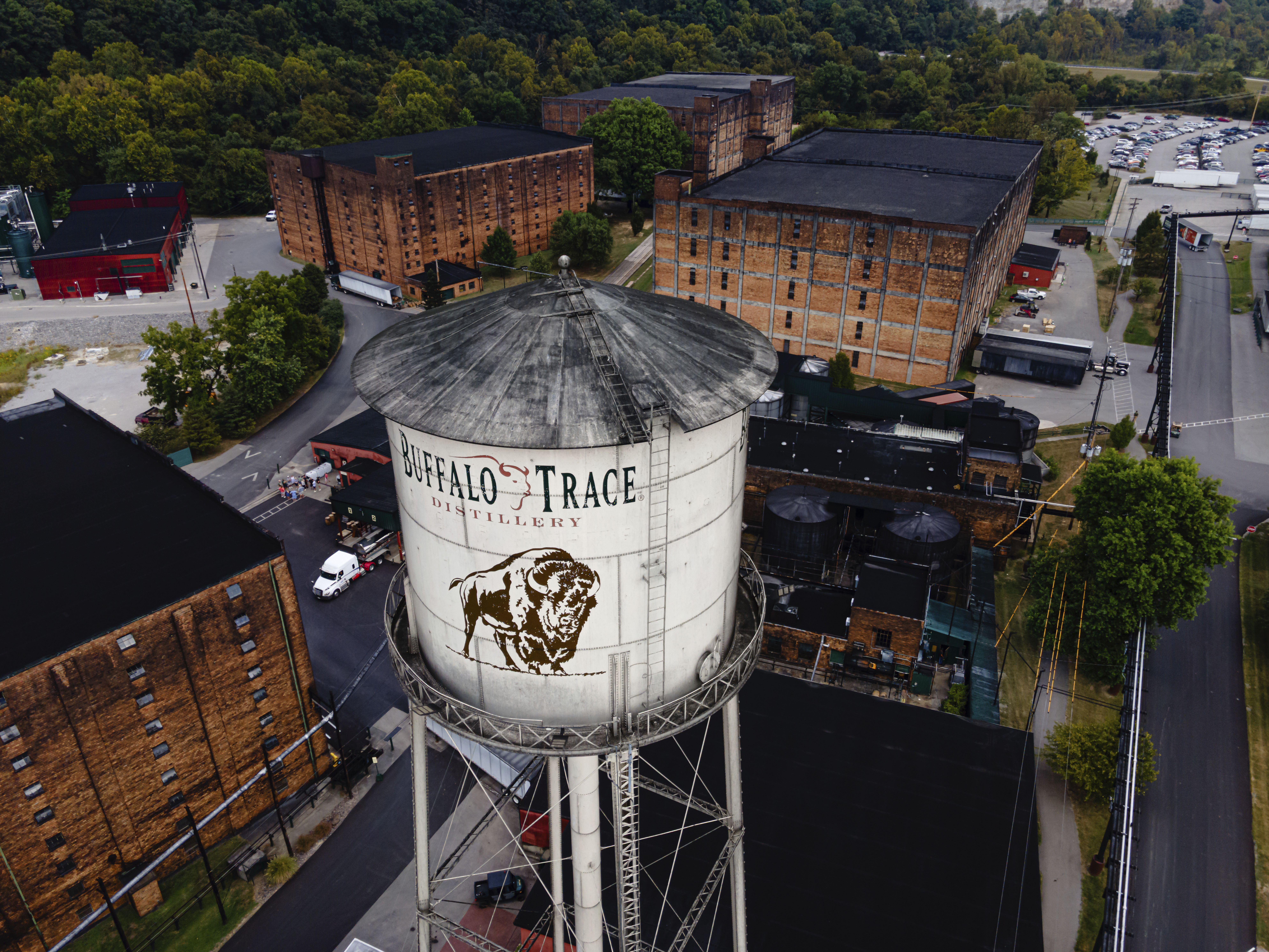 In an aerial view, the Buffalo Trace Distillery is seen on Sept. 16, 2025, in Frankfort, Ky.