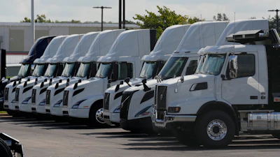 Volvo trucks are seen at a dealership, Sept. 26, 2025, LaVergne, Tenn.