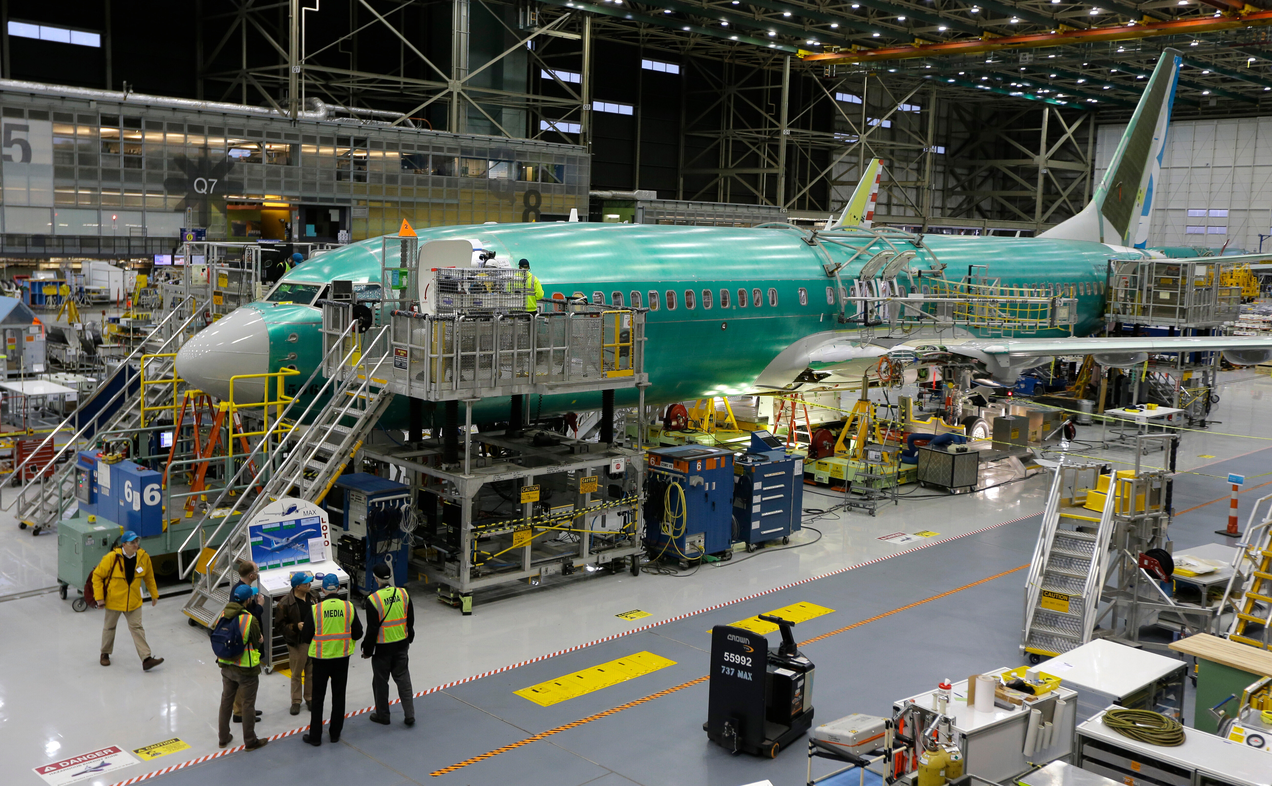 The second Boeing 737 MAX airplane being built is on the assembly line in Renton, Wash., on Monday, Dec. 7, 2015.