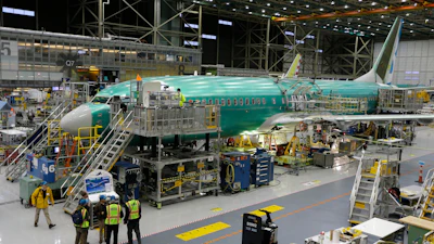 The second Boeing 737 MAX airplane being built is on the assembly line in Renton, Wash., on Monday, Dec. 7, 2015.