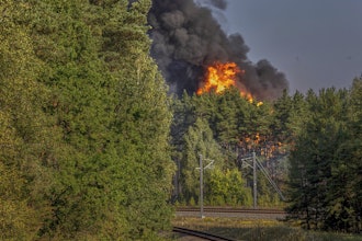 Smoke and flames rise following powerful explosions after several rail cars loaded with liquefied gas caught fire in the suburbs of Vilnius, Lithuania, Wednesday, Sept. 10, 2025.