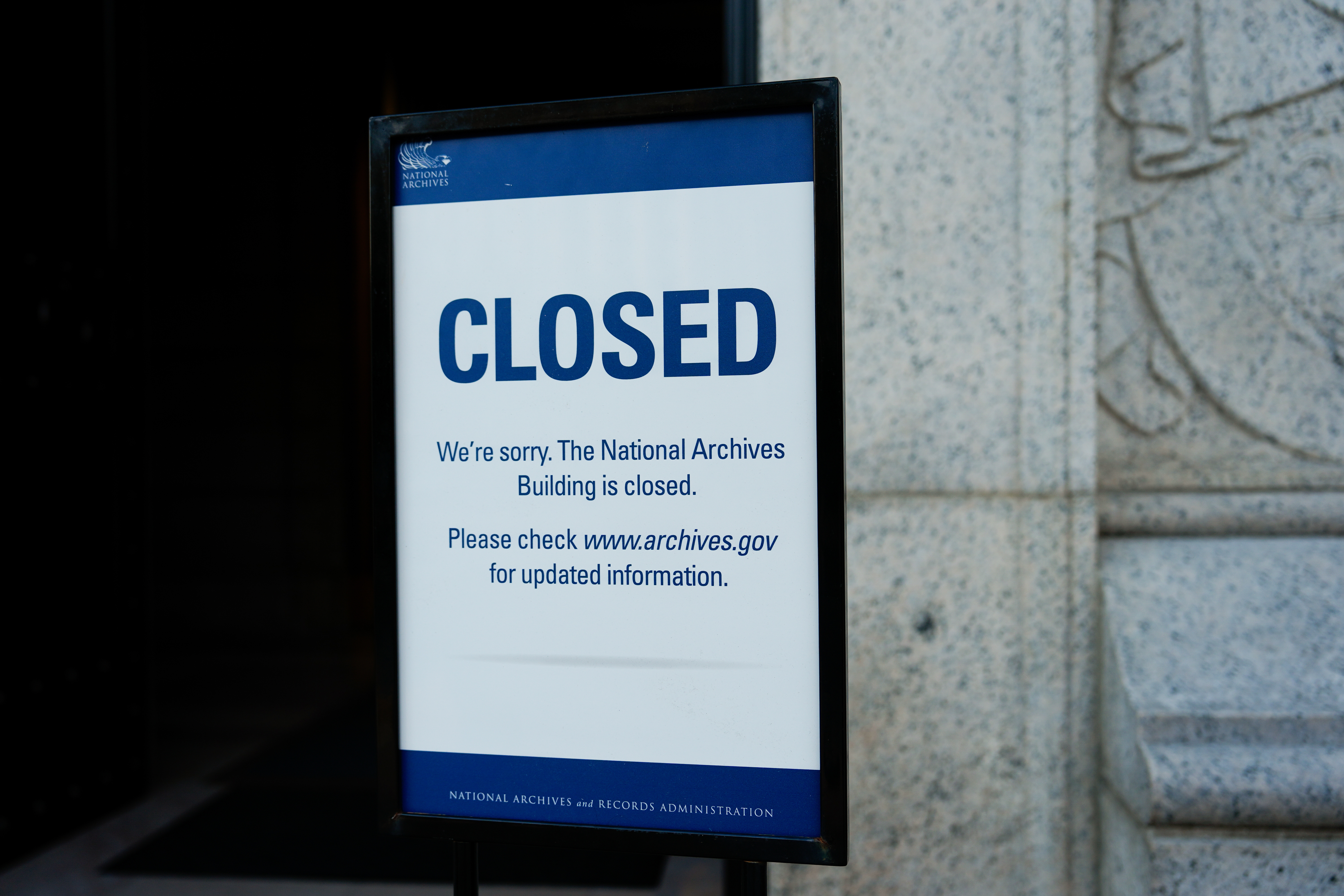 A closed sign stands in front of the National Archives on the first day of a government shutdown, Wednesday, Oct. 1, 2025, in Washington.