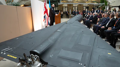 Ruslan Stefanchuk, Chairman of the Verkhovna Rada of Ukraine, addresses MPs and Peers in the Houses of Parliament, as an Iranian-made drone of Russian's army that was shot down and captured by the Ukrainian military goes on display at the Palace of Westminster, London, Wednesday Oct. 15, 2025.