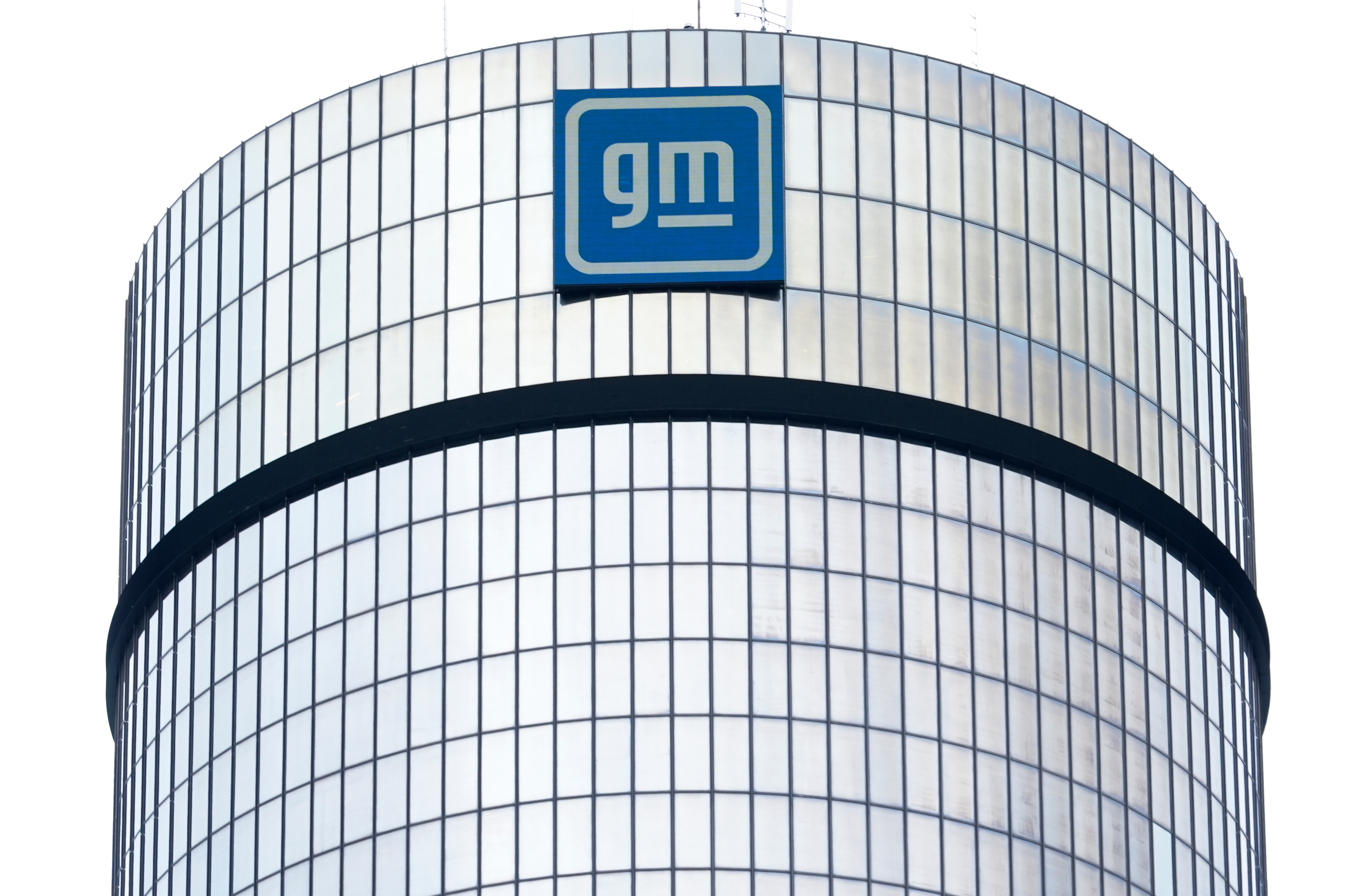 The General Motors logo is seen at its headquarters in Detroit on April 24, 2024.