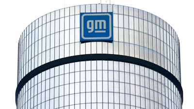 The General Motors logo is seen at its headquarters in Detroit on April 24, 2024.