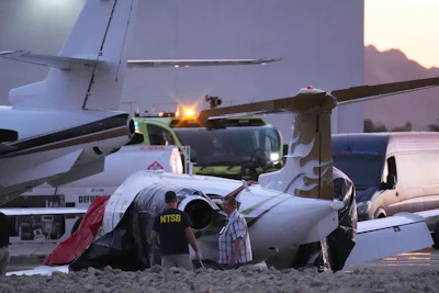Investigators look at a crashed Learjet at Scottsdale Airport after it collided with a parked plane Feb. 10, 2025, in Scottsdale, Ariz.