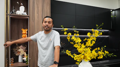 Josh Qian, co-founder of Linq Kitchen, a designer and maker of kitchen cabinets, shows his company's show room and warehouse in City of Industry, Calif., Friday, Oct. 10, 2025.