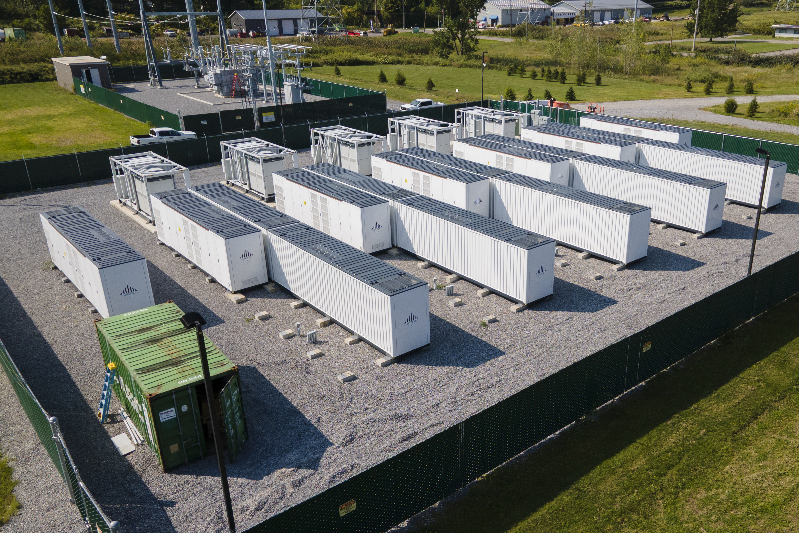 A large lithium battery energy storage system operated by Key Capture Energy that can power 15,000 homes for two hours during outages or high demand sits surrounded by a fence in Blasdell, N.Y., Tuesday, Sept. 9, 2025.