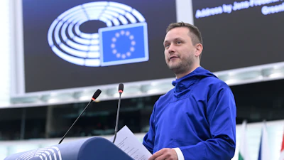 Prime Minister of Greenland Jens-Frederik Nielsen delivers a speech Wednesday, Oct. 8, 2025 at the European Parliament in Strasbourg, eastern France.