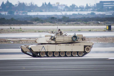 Military tank M1 Abrams in action.