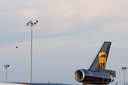 The tail engine of a UPS MD-11 at UPS Worldport at Louisville Muhammad Ali International Airport, Nov. 5, 2025, Louisville, Ky.