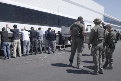 This image from video provided by U.S. Immigration and Customs Enforcement via DVIDS shows manufacturing plant employees waiting to have their legs shackled at the Hyundai Motor Group's electric vehicle plant, Sept. 4, 2025, in Ellabell, Ga.