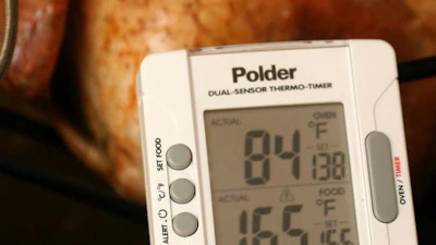 A turkey is roasted with the help of a thermometer on Oct. 18, 2007.