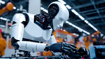 Humanoid robot works along an assembly line.