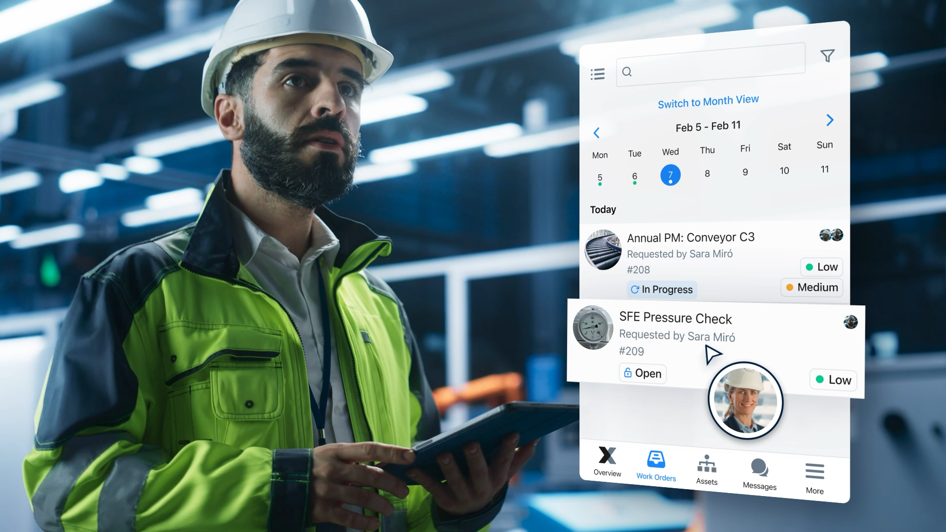 Industrial worker using tablet with project management app.