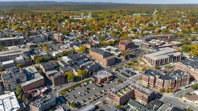An early afternoon autumn aerial photo view of Saratoga Springs, New York, where Regeneron Pharmaceuticals will double its manufacturing footprint.