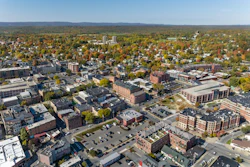 An early afternoon autumn aerial photo view of Saratoga Springs, New York, where Regeneron Pharmaceuticals will double its manufacturing footprint.