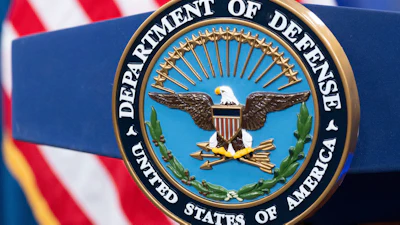 The Department of Defense seal is seen on the podium in the Press Briefing room at the Pentagon on Oct. 29, 2024, in Washington.