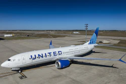 The 2025 Boeing ecoDemonstrator Explorer, a United Airlines 737-8, sits outside a United hangar in Houston before its first flight to test Internet Protocol Suite