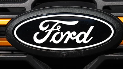 The company logo is shown on the grille of an unsold 2026 F-series pickup truck on the lot of a Ford dealership, Sunday, Nov. 2, 2025, in Littleton, Colo.