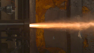 A static test fire of an additively manufactured pressure vessel for a solid rocket motor.
