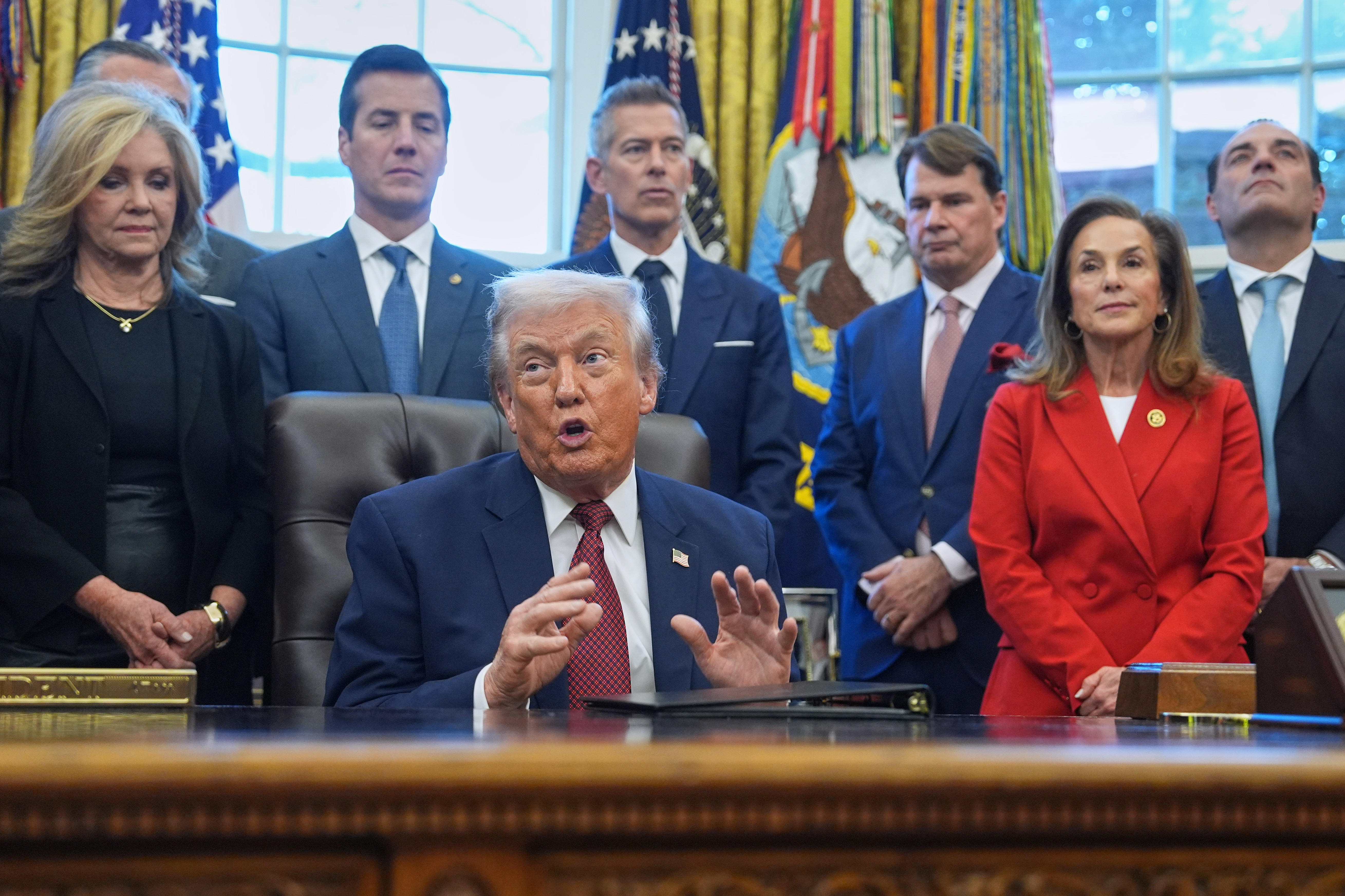 President Donald Trump speaks during an event on fuel economy standards in the Oval Office of the White House, Wednesday, Dec. 3, 2025, in Washington.