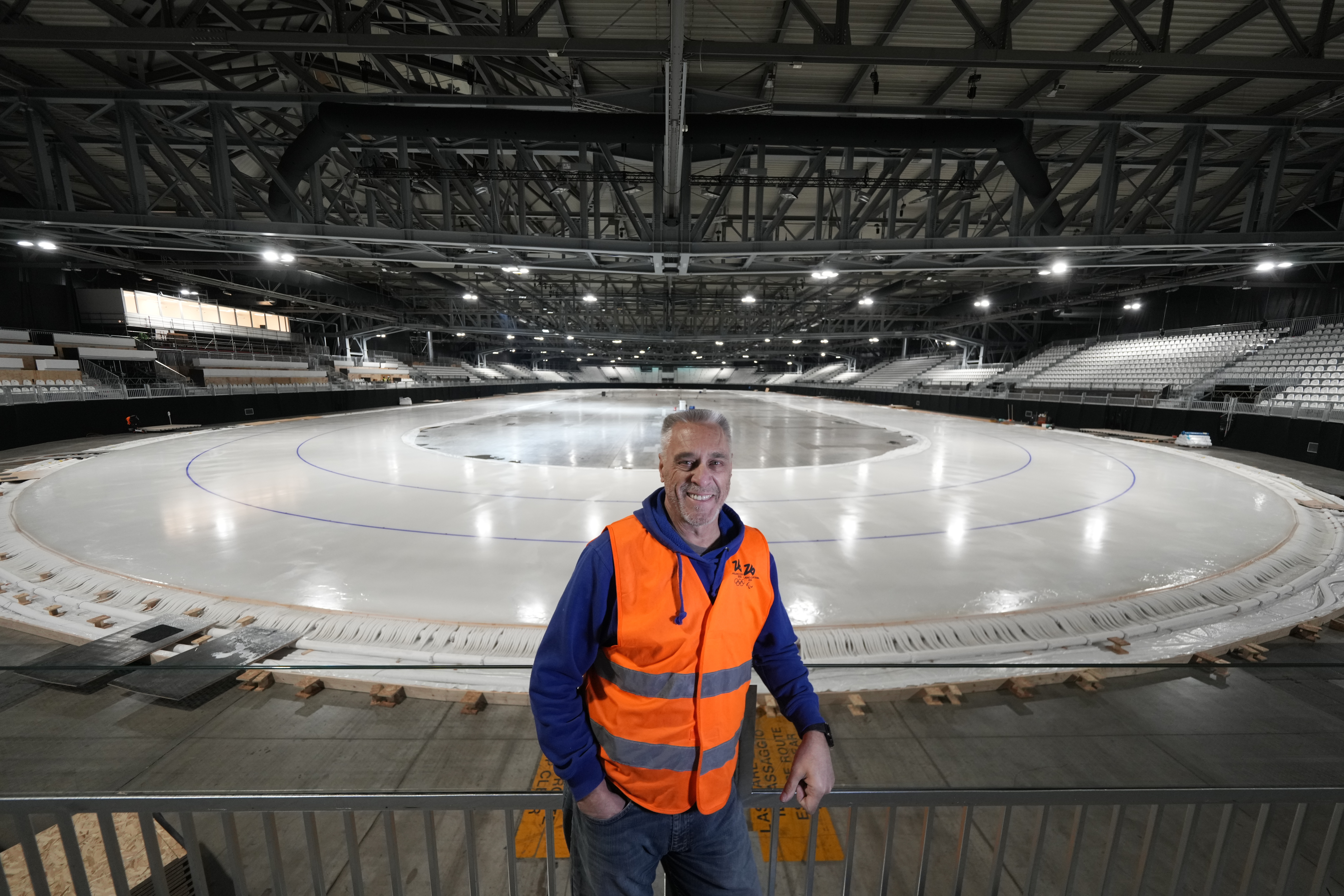Ice Master Mark Messer poses in the stadium where speed skating discipline of the Milan Cortina 2026 Winter Olympics will take place, in Rho, outskirt of Milan, Tuesday, Nov. 11, 2025.