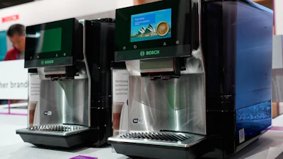 A couple of Bosch 800 Series fully automatic espresso machines are seen on display at the Bosch booth during the CES tech show Wednesday, Jan. 7, 2026, in Las Vegas.