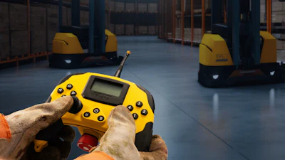 The FORT Robotics Safe Remote Control Pro in a warehouse.