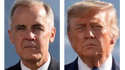 This combination of images shows Canada's Prime Minister Mark Carney and President Donald Trump during a group photo at the G7 Summit, June 16, 2025, in Kananaskis, Canada.