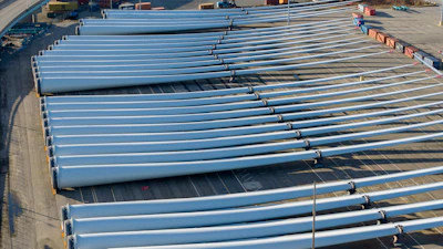 Wind turbine blades sit at The Portsmouth Marine terminal that is the staging area for Dominion Energy Virginia, which is developing Coastal Virginia Offshore Wind, Dec. 22, 2025, in Portsmouth, Va.