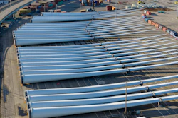 Wind turbine blades sit at The Portsmouth Marine terminal that is the staging area for Dominion Energy Virginia, which is developing Coastal Virginia Offshore Wind, Dec. 22, 2025, in Portsmouth, Va.