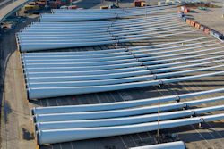 Wind turbine blades sit at The Portsmouth Marine terminal that is the staging area for Dominion Energy Virginia, which is developing Coastal Virginia Offshore Wind, Dec. 22, 2025, in Portsmouth, Va.