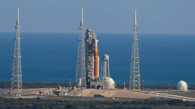 This photo provided by NASA shows the Artemis II SLS (Space Launch System) rocket with the Orion spacecraft atop a mobile launcher at Launch Complex 39B, Thursday, Jan. 29, 2026, at NASA's Kennedy Space Center in Florida.