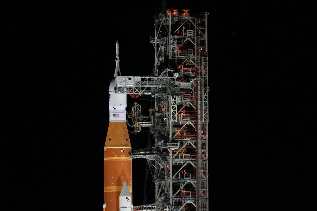 The NASA Artemis II SLS (Space Launch System) rocket with the Orion spacecraft is seen at Launch Complex 39B at the Kennedy Space Center, Sunday, Feb. 1, 2026, in Cape Canaveral, Fla.