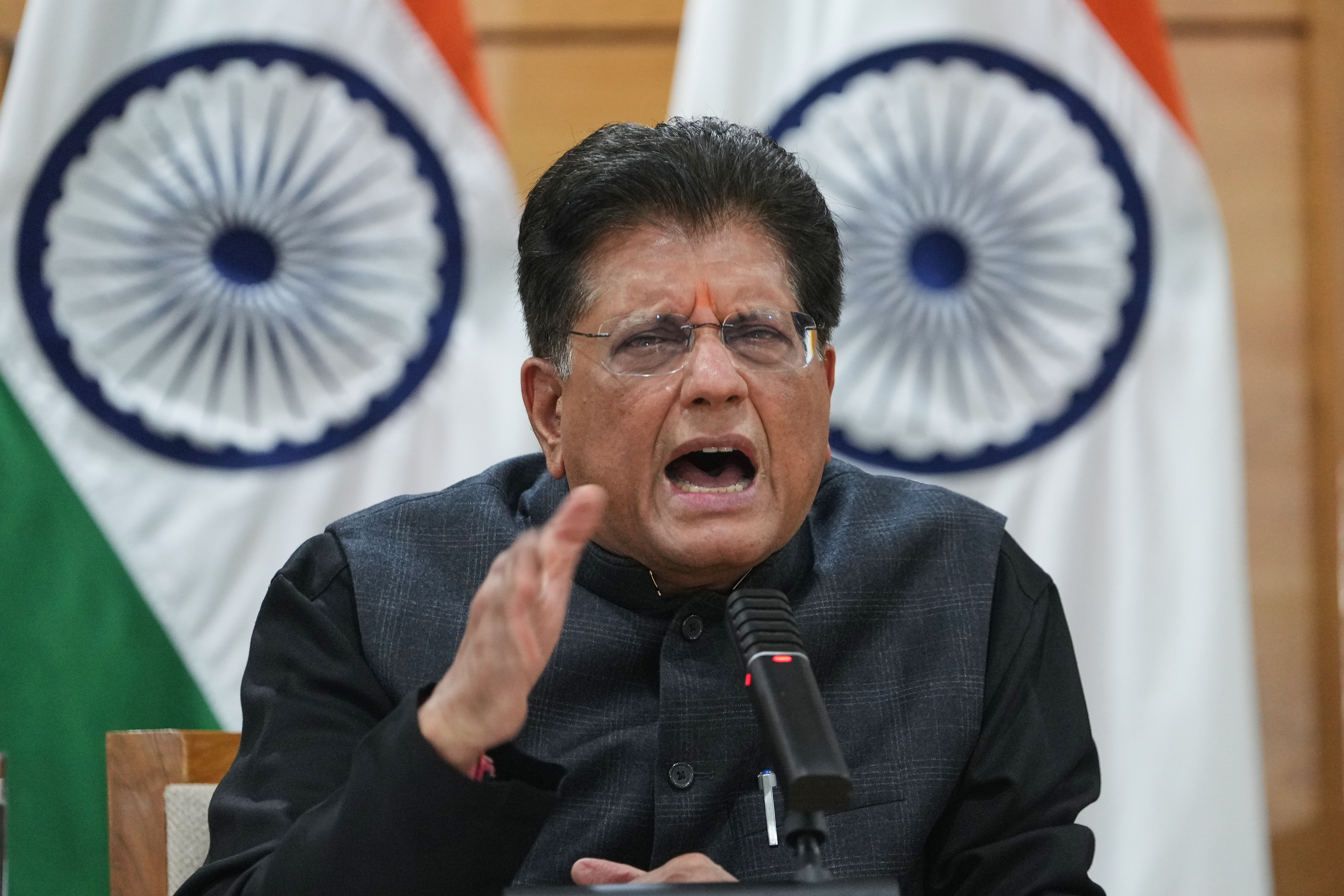 Indian Minister of Commerce and Industry Piyush Goyal discusses the India-U.S. tariffs in New Delhi, Feb. 3, 2026.