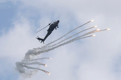 A Singapore Armed Forces military helicopter launches flares during an air display at the Singapore Air Show on Thursday, Feb. 5, 2026.