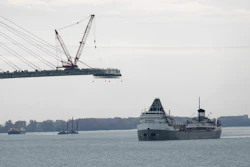 The Saginaw passes construction on the Gordie Howe International Bridge on the Detroit River, Oct. 25, 2023.