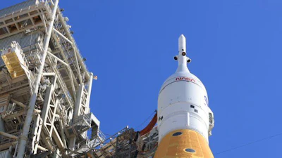 This image provided by NASA shows the NASA lunar rocket on the launch pad at Kennedy Space Center in Florida on Thursday, February 19, 2026.