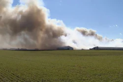 In a grab from video made available by WSYX, smoke rises from a fire at a hog farm complex in Madison County, Ohio, Feb. 25, 2026.