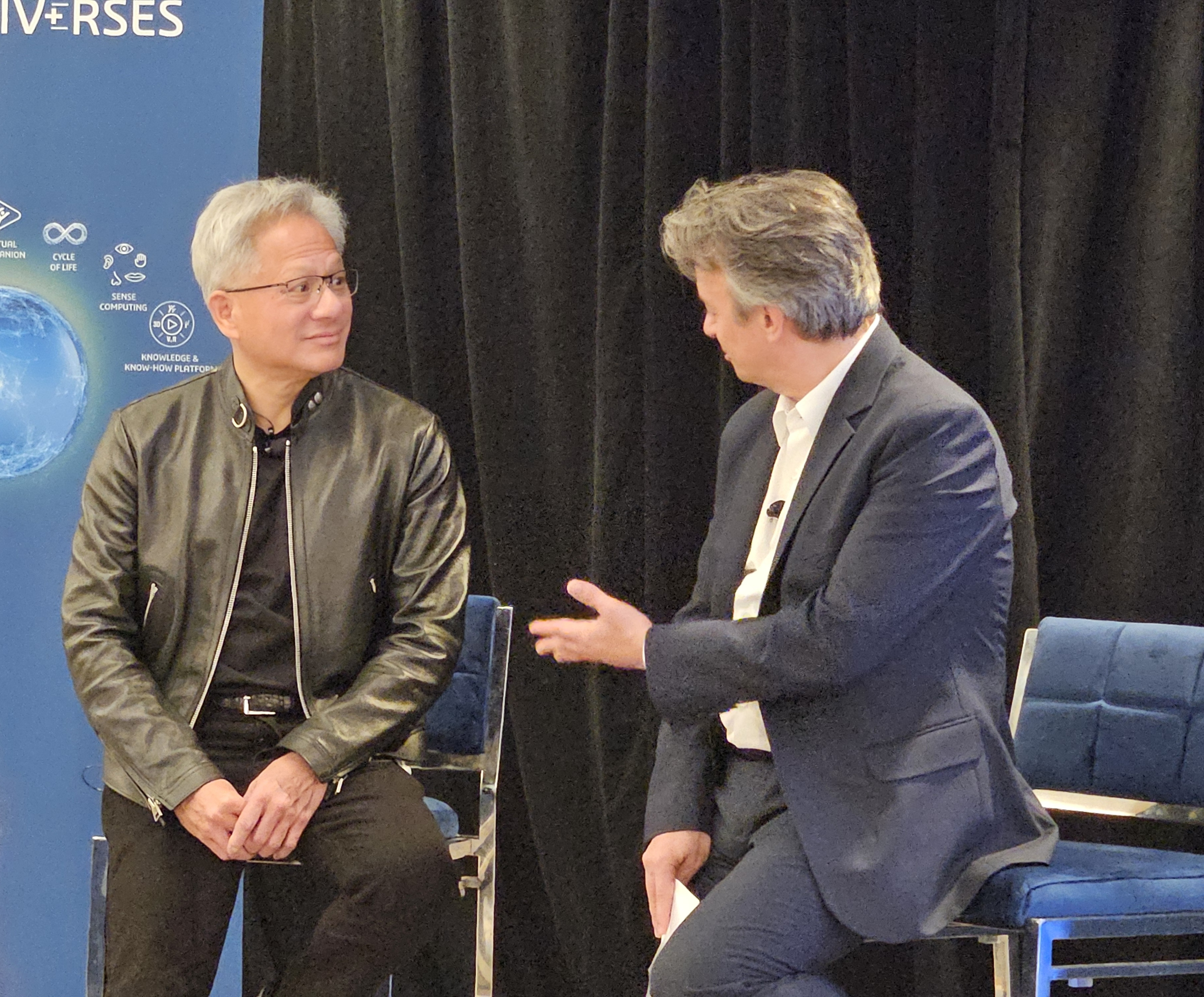 Nvidia CEO Jensen Huang (left) and Dassault Syst&egrave;mes CEO Pascal Daloz at Dassault's 2026 3DEXPERIENCE World conference in Houston.