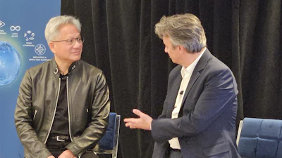 Nvidia CEO Jensen Huang (left) and Dassault Systèmes CEO Pascal Daloz at Dassault's 2026 3DEXPERIENCE World conference in Houston.